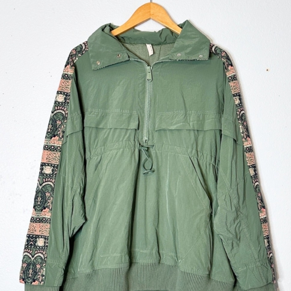 Free People Movement She FlyJacket Hooded Embroidered SleevesCinched Green S EUC